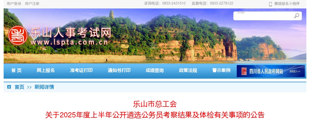 乐山市总工会关于2025年度上半年公开遴选公务员考察结果及体检有关事项的公告 图片